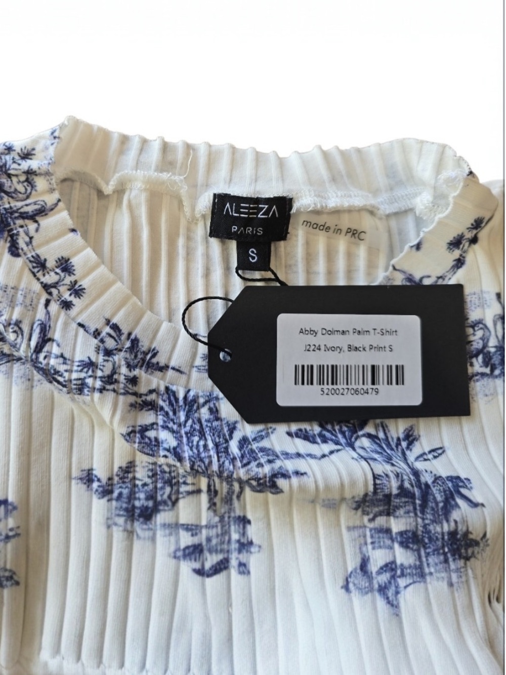 Aleeza Paris Abby Palm Toile Rib Knit Top Blue White Safari Print Small NWT - Picture 6 of 10